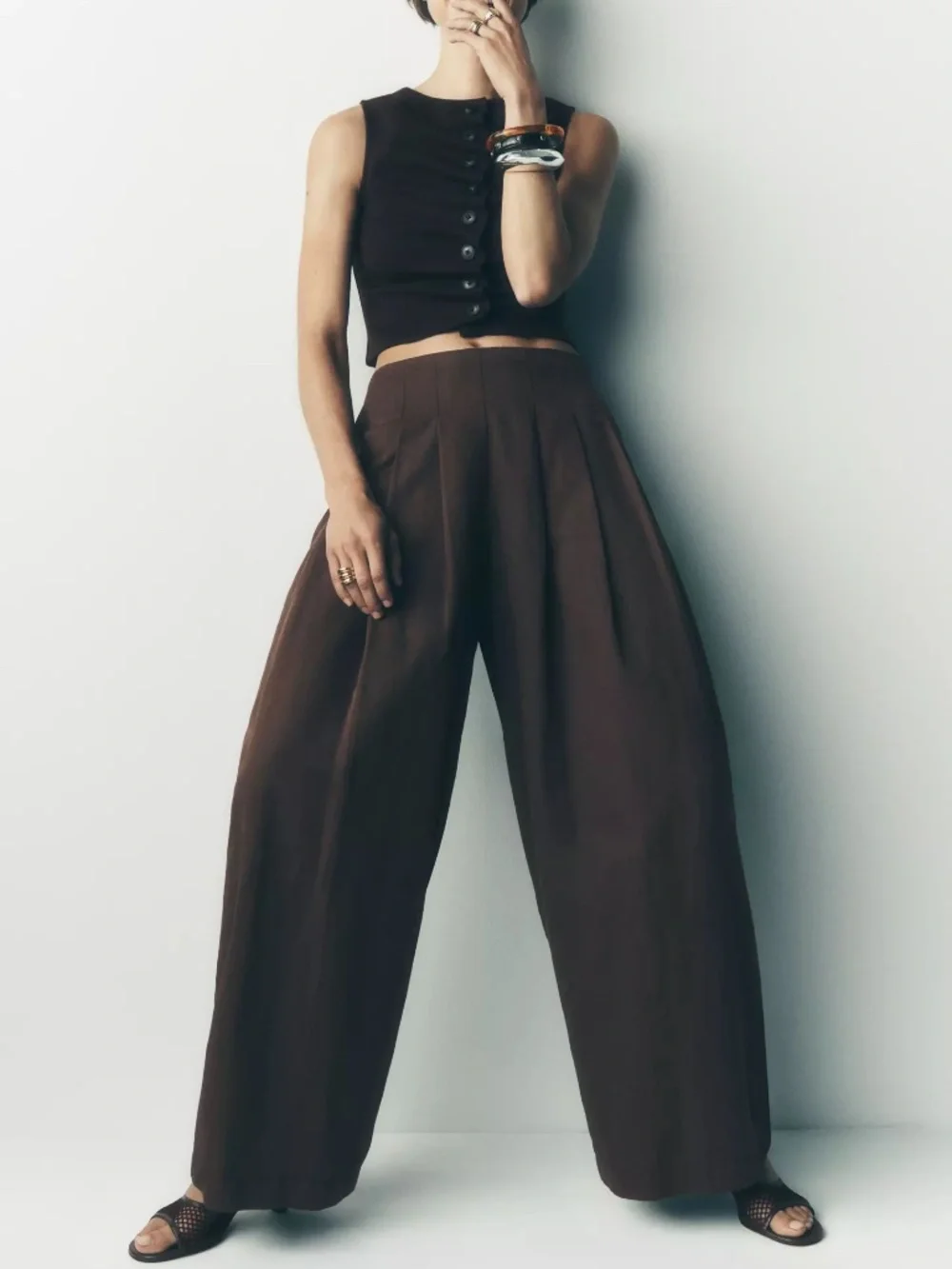 Anthropologie Maeve Pleated Trousers Wide Barrel Leg Cotton Linen Blend BROWN - Picture 1 of 8